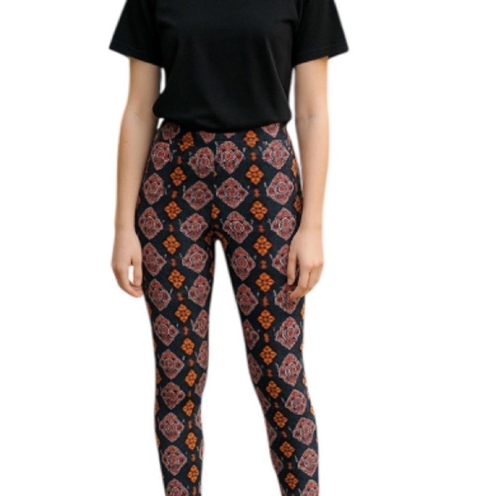 LIQUIDO Floral Yoga 7/8 Leggings Navy Orange Teal Red White Midrise Funky Fun M